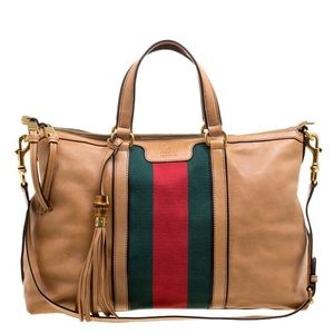 Gucci Light Brown Leather Web Rania Top Handle Bag